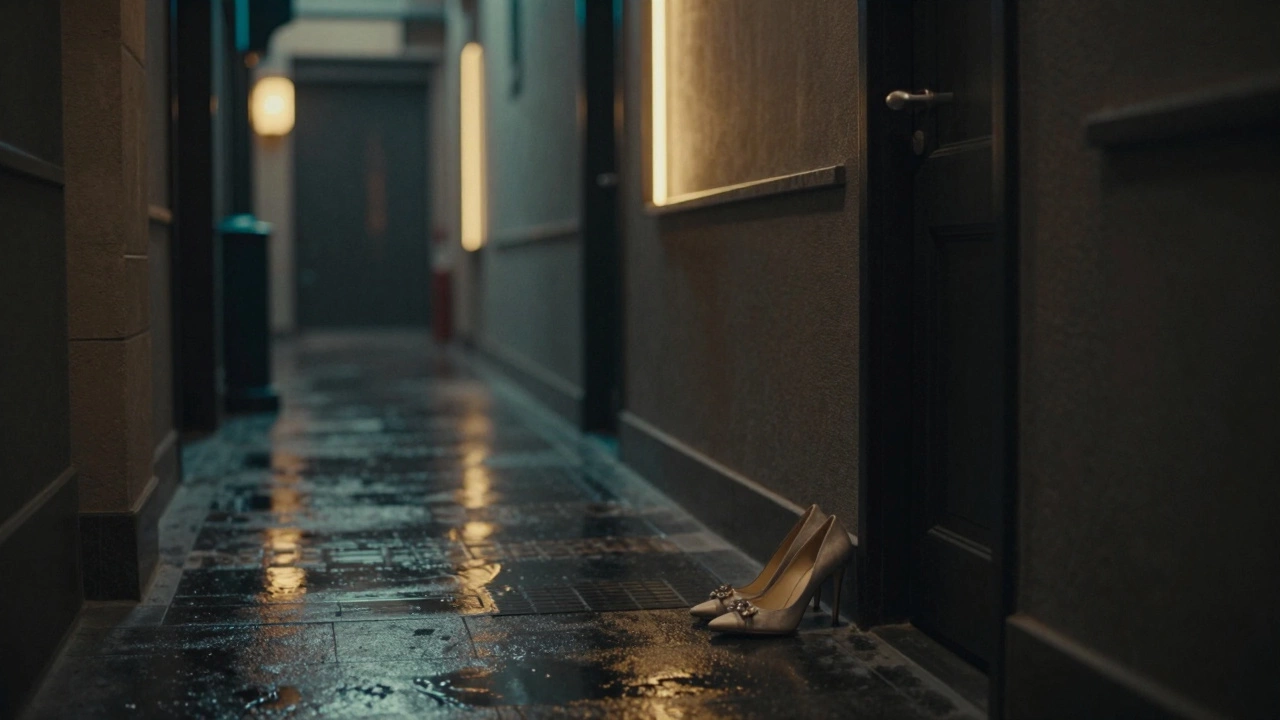 A pair of designer heels rests beside a closed door in a quiet Dubai alley, hinting at a vanished moment.